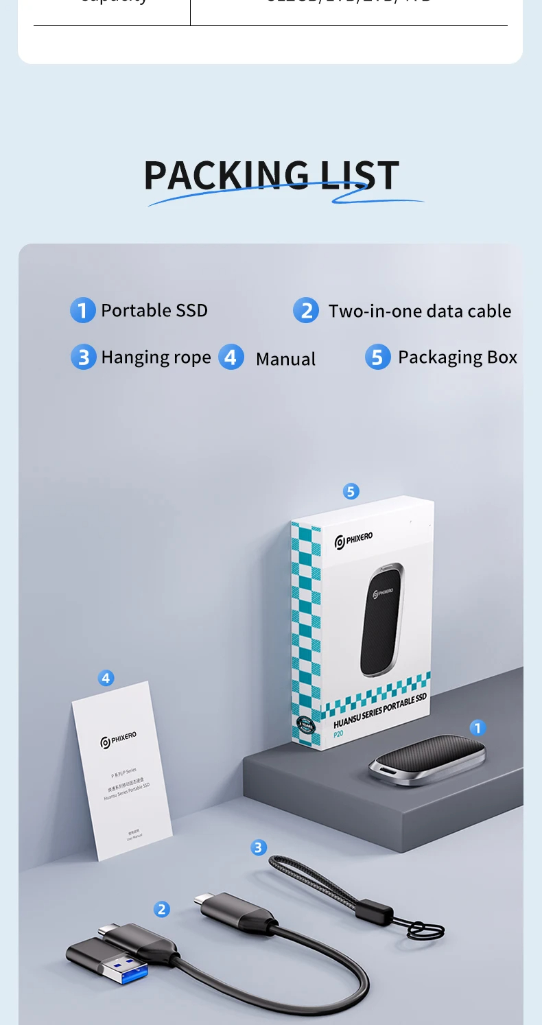 PHIXERO P20 SSD Portatile Esterno 1TB 2050 MB/s USB 3.2 Gen 2 Nero Per PC Smartphone - 3