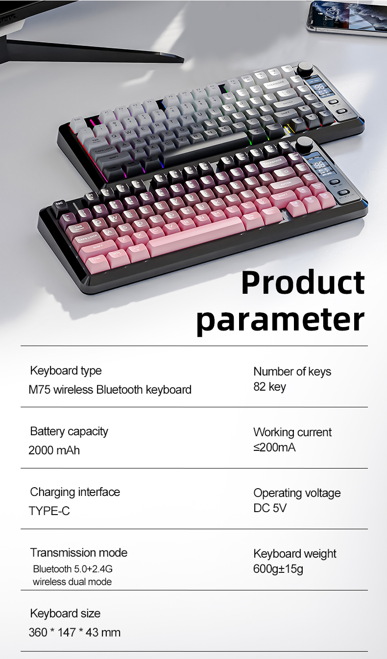 FREEWOLF M75 82 Key Compact Wireless Gaming Keyboard Dual Mode ...