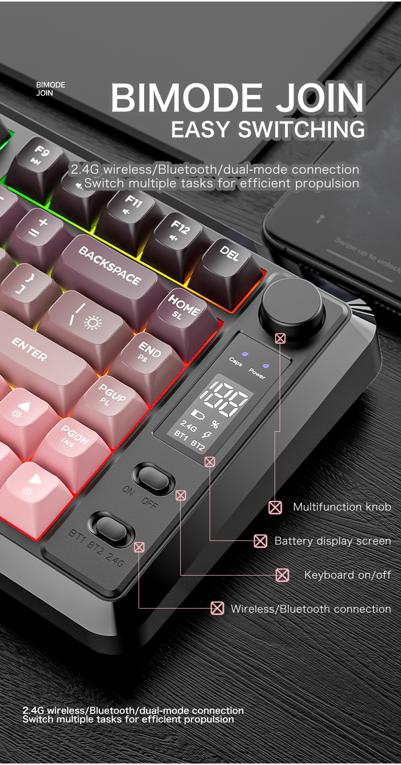FREEWOLF M75 82 Key Compact Wireless Gaming Keyboard Dual Mode ...