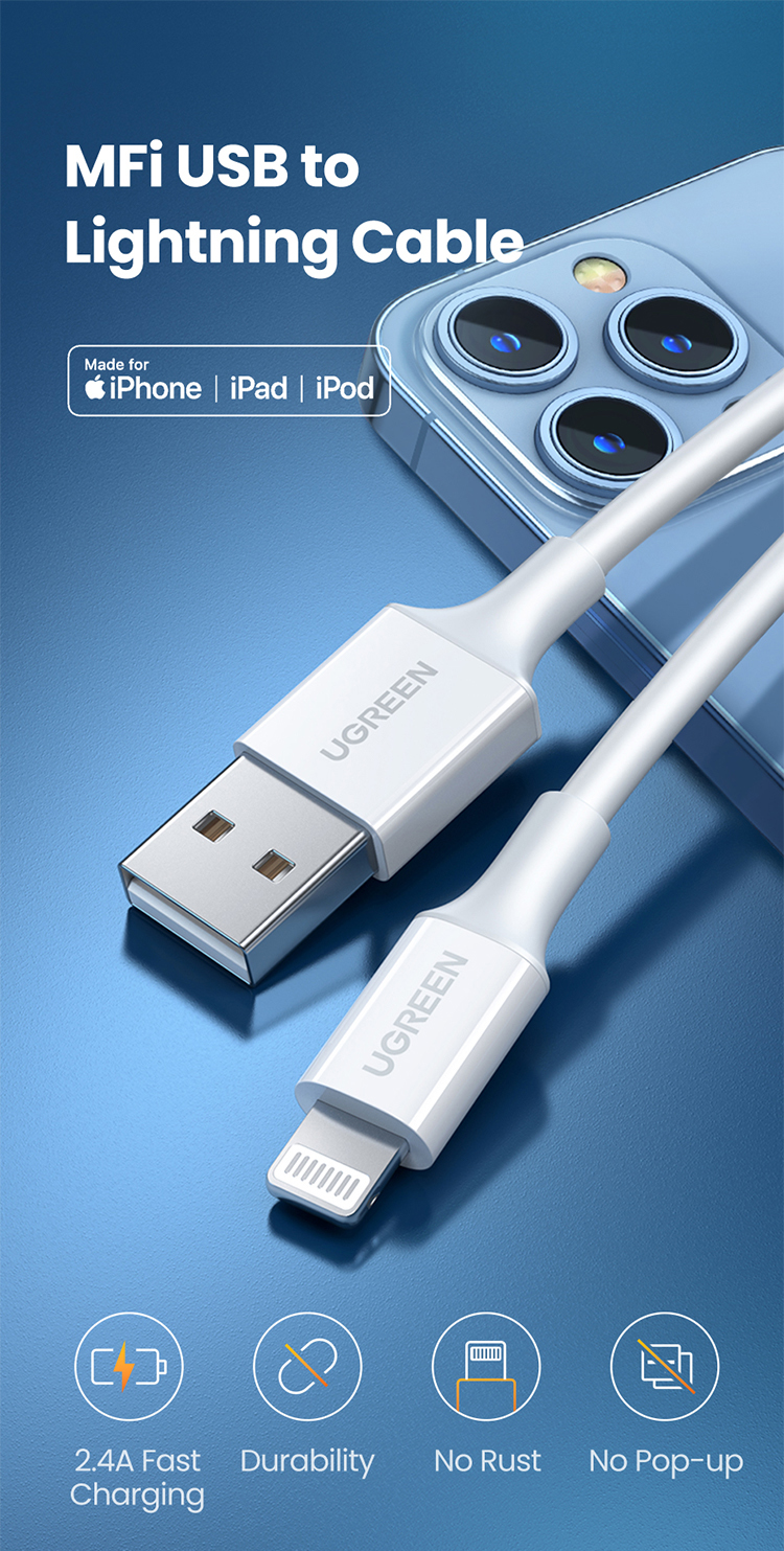 UGREEN 2M USB-A to Lightning iPhone Charging Cable - Black, MFI Certified