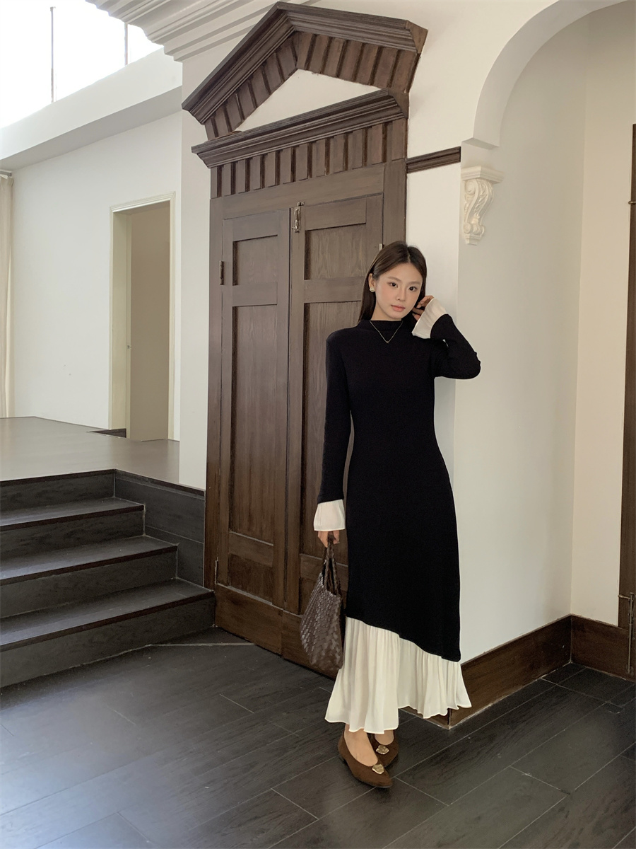 Women's Retro Black Long Sleeve Slim Fit Hip Maxi Dress