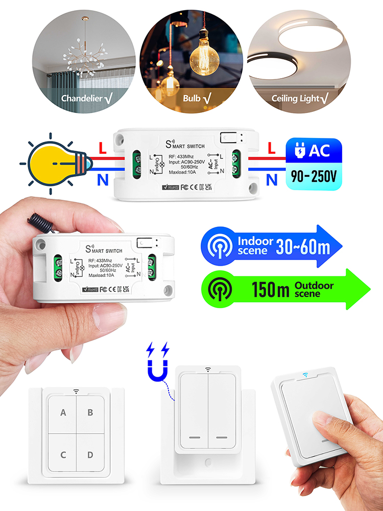 RF 433MHz Wireless remote control switch,1/2/4/6 Gang Smart Switch, AC ...
