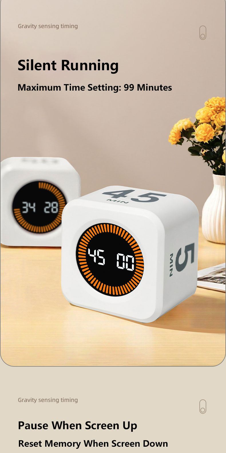 Gryno Digital Cube Timer With Alarm Custom Set Time 0-99 Minutes Flip ...