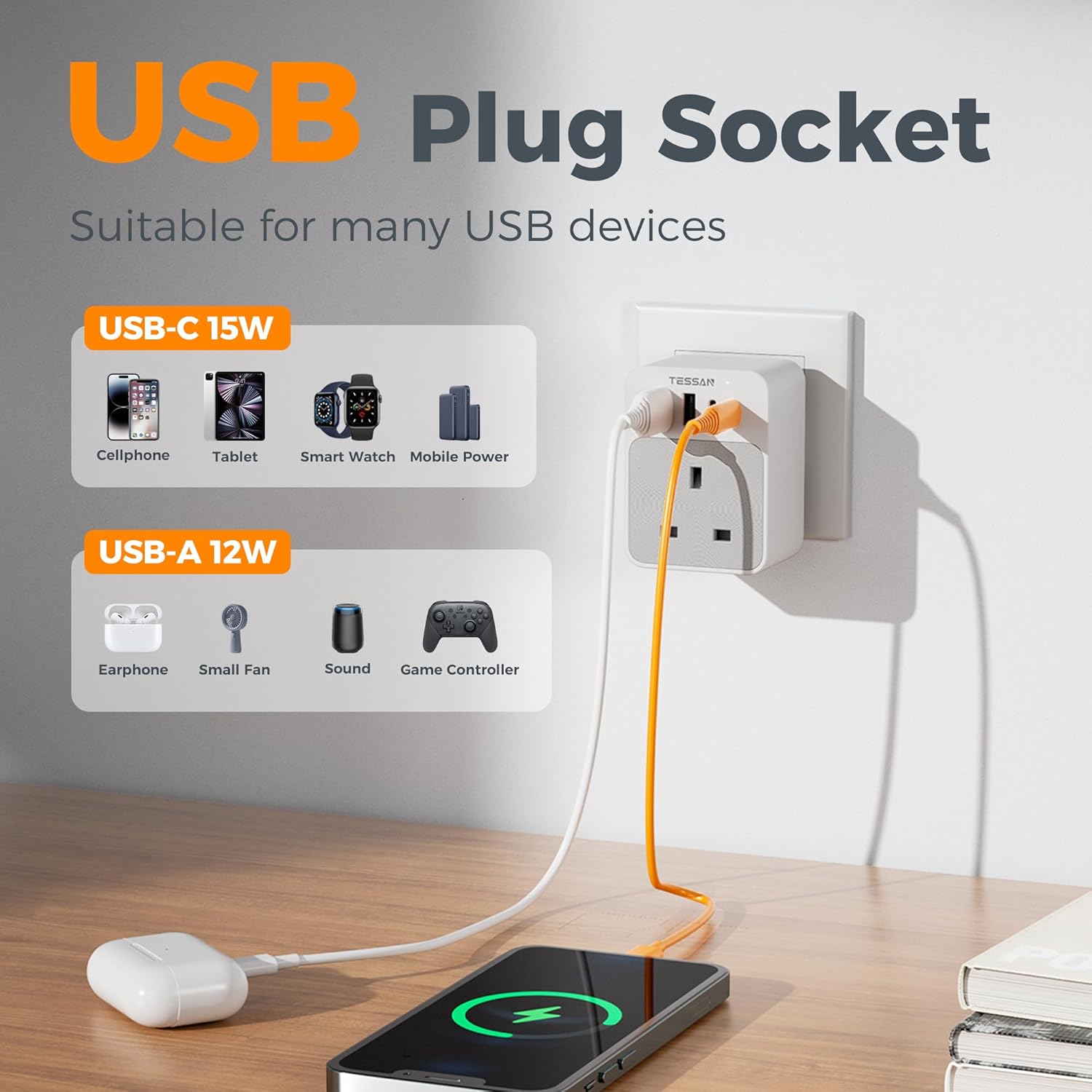 TESSAN 30W Charger,Multi USB Fast Charging Plug Adapter,Power Socket ...