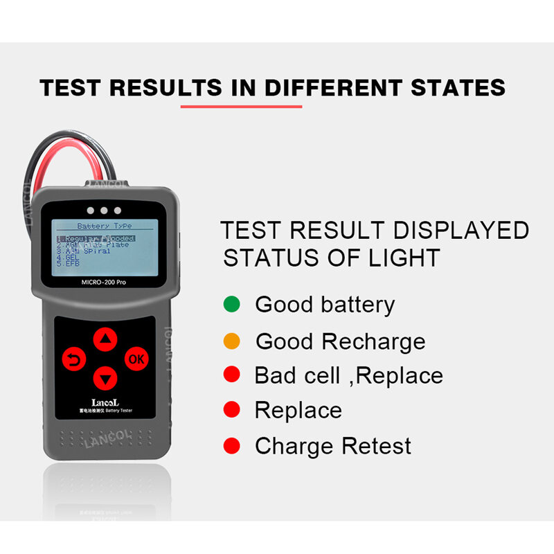 Testeur de batterie de voiture 1 2V 24V Micro-200 Pro Testeur de voiture Testeur de batterie numérique Analyseur multilingue numérique AGM EFB Gel CCA BCI CA MCA JIS DIN IEC pour Voiture