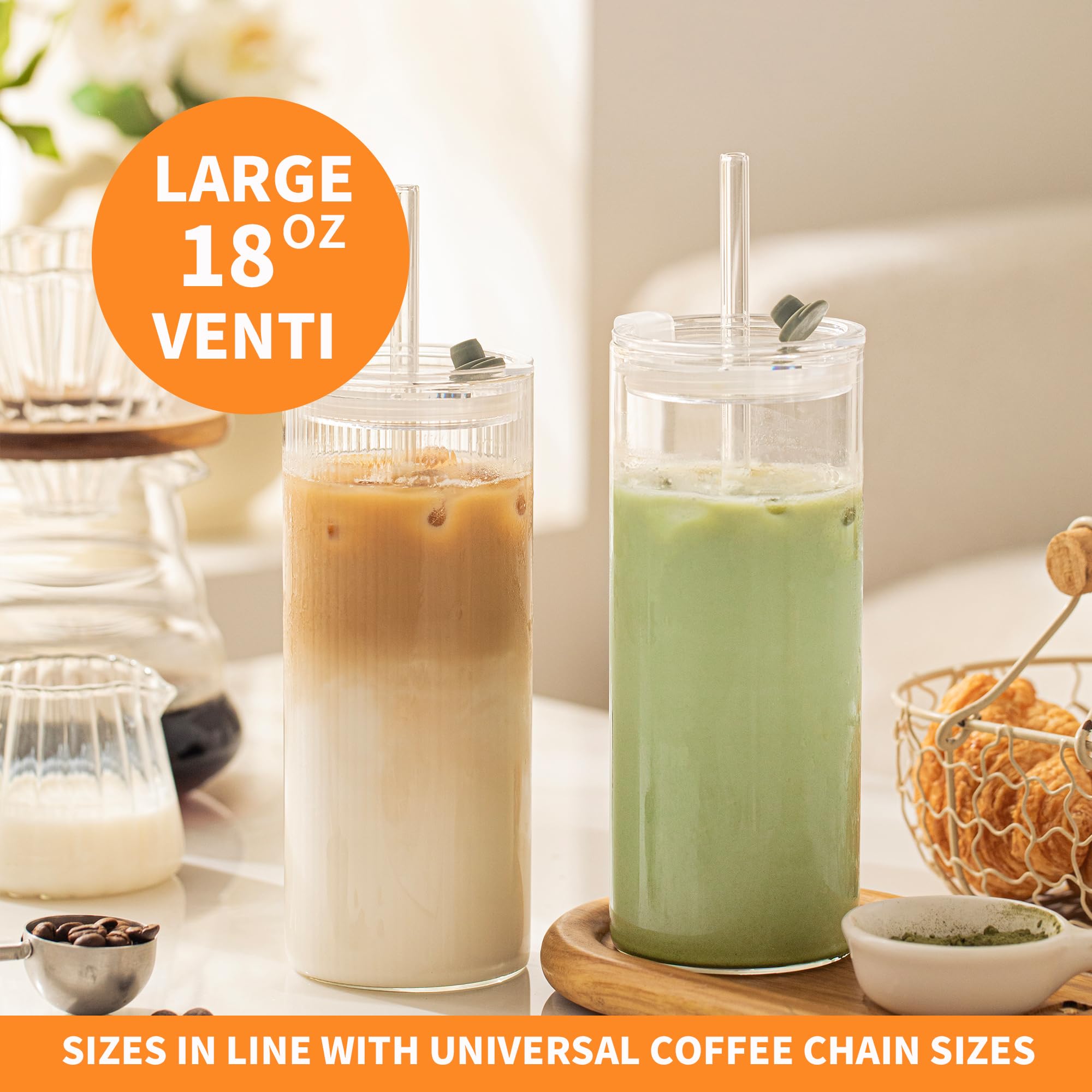 KEMORELA 6-Pack 18oz Large Round Glass Cups with Lids & Straws – Clear ...