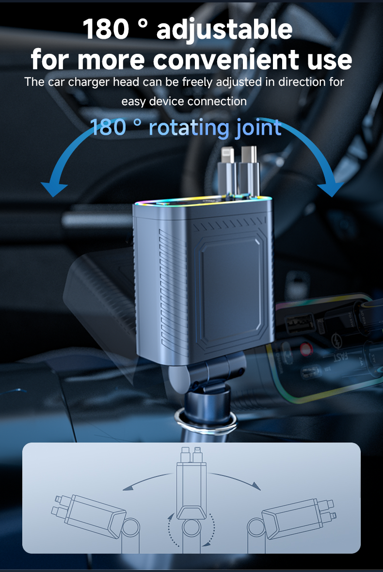 Hot Selling 120W 4 in 1 Car Charger With Dual Retractable