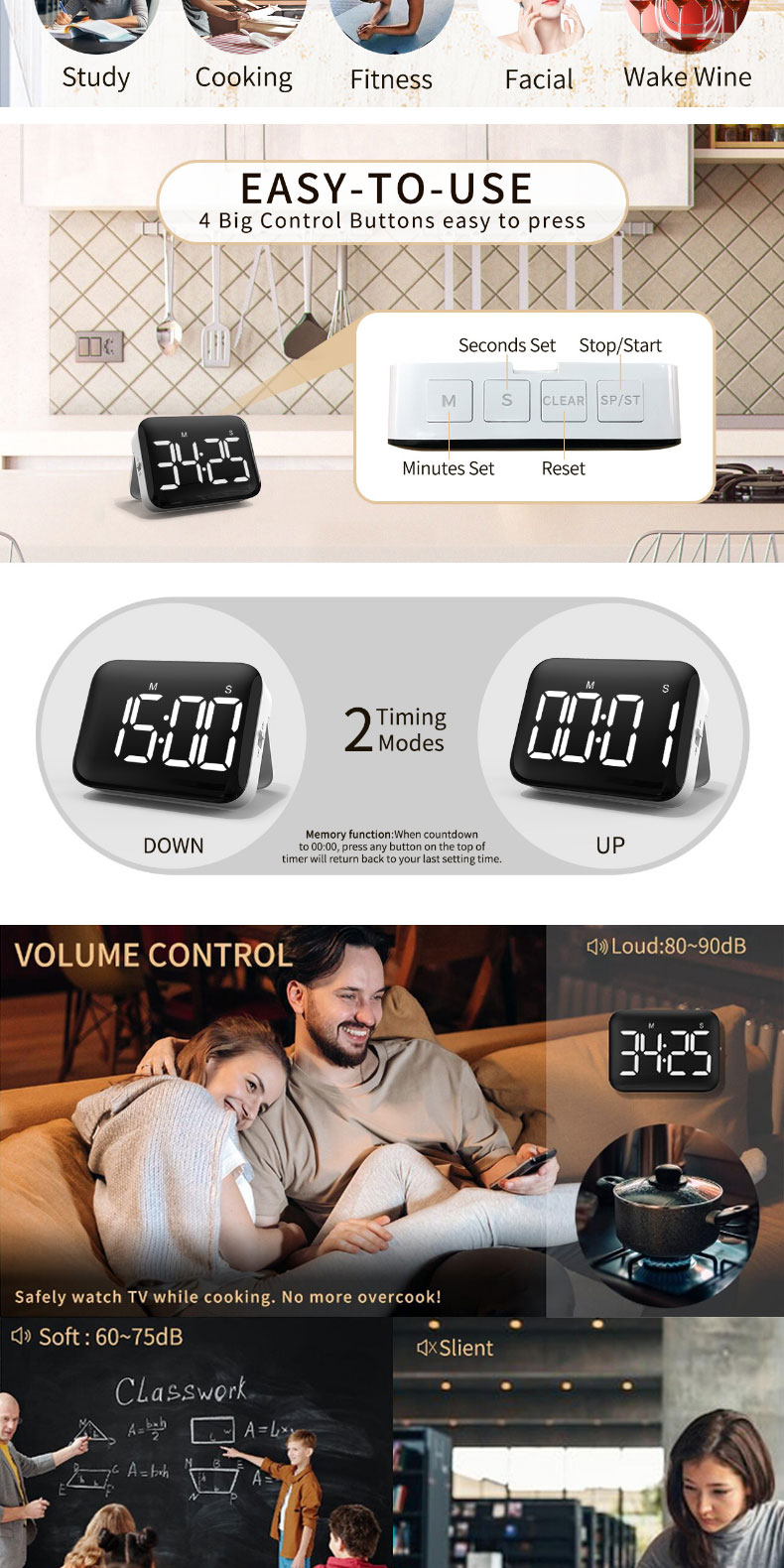 Gryno Full LED Digital Magnetic Timer With Alarm Stand Stopwatch ...