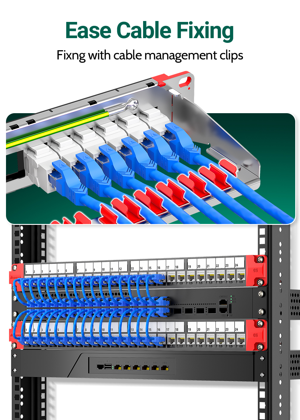 AMPCOM 24 Port Patch Panel Pass Through RJ45 with Backplane Rack Mount ...