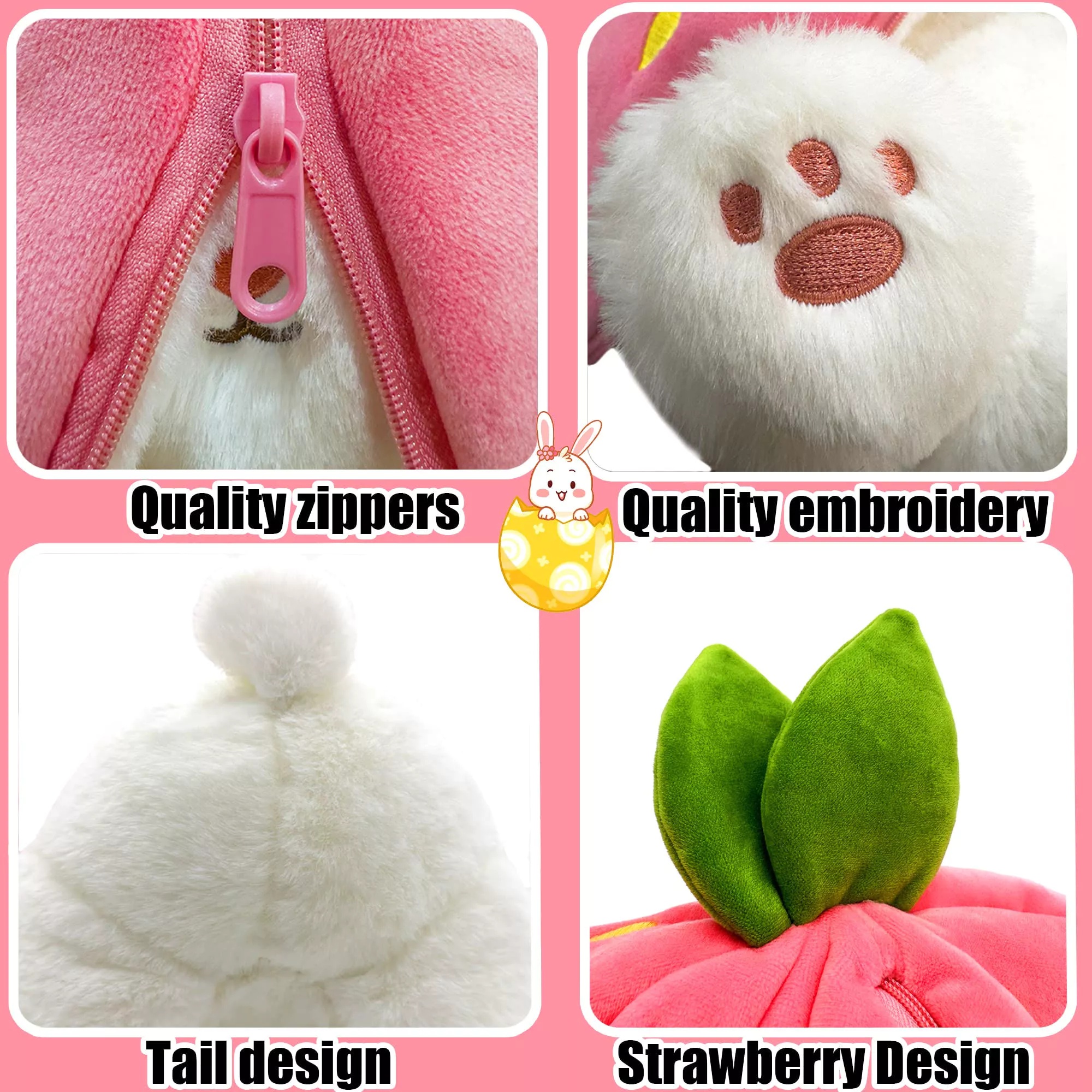 2 in 1 Cute Strawberry Rabbit Reversible Plush Toy Cute Bunny Long Ear ...