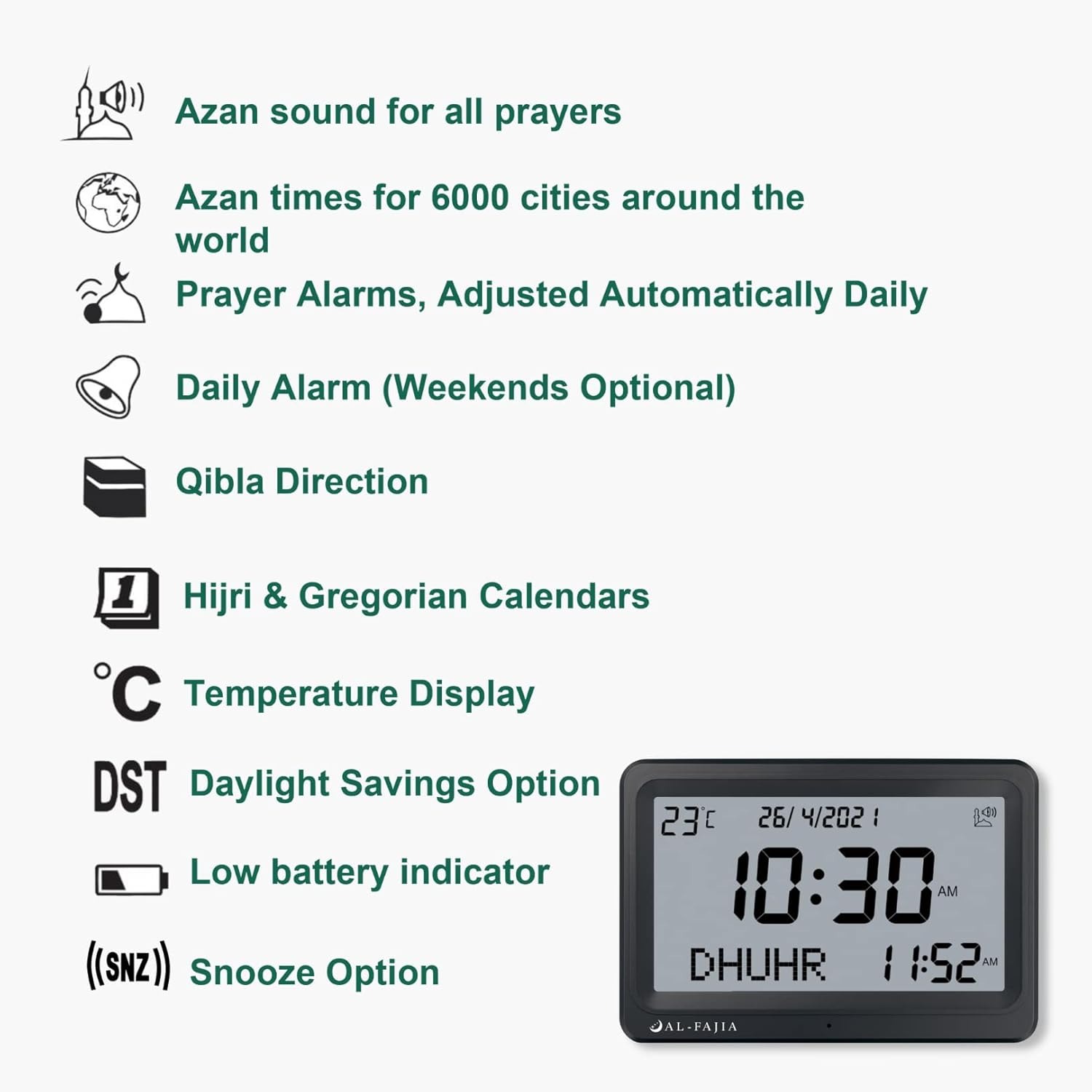 Buy AL-FAJIA Digital Portable Tasbih Counter Azan Clock Reminder Islamic Auto Prayer Time (Dark Brown Wood) in Dubai, UAE | (00112494