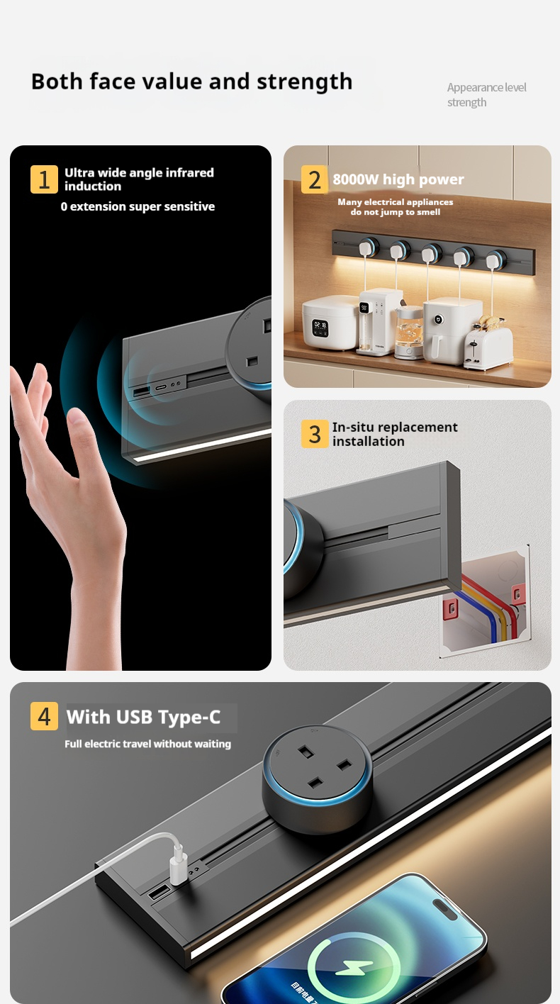 Movable Sensor Light Track Socket British Standard 13A Kitchen Living ...