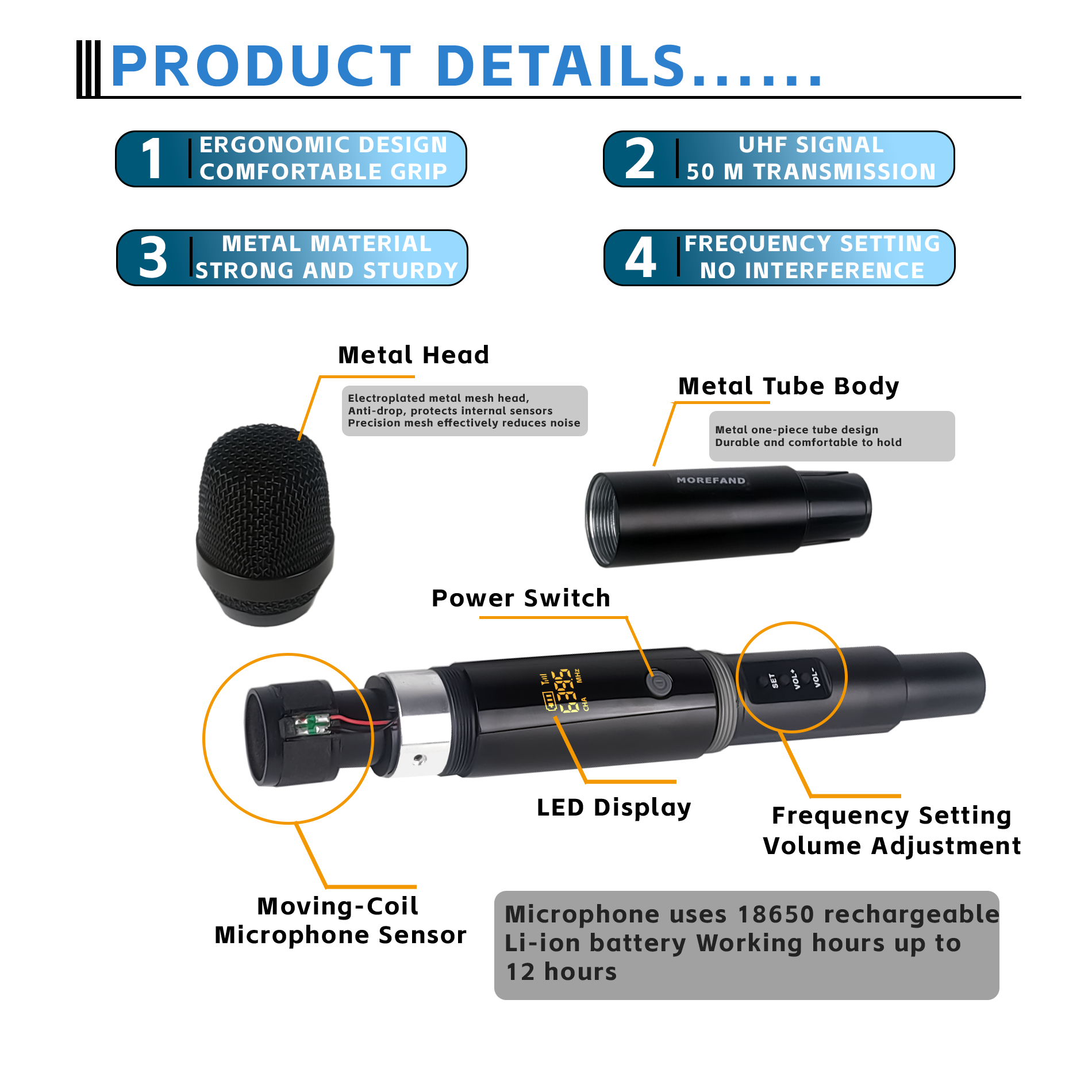 MOREFAND UHF Microphone Handheld Rechargeable Microphone Wireless ...