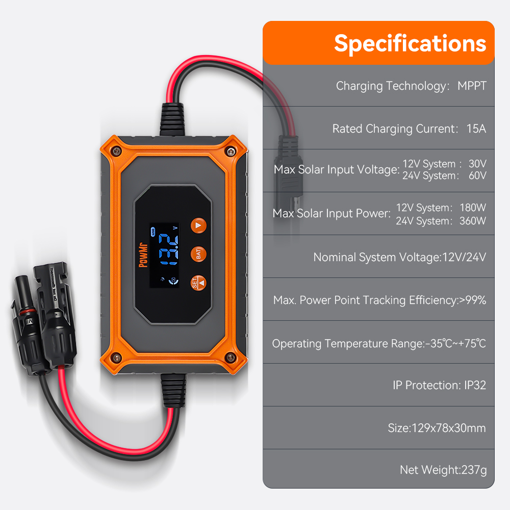 PowMr MPPT 15A Solar Charger Controller 12V 24V Battery Charging ...