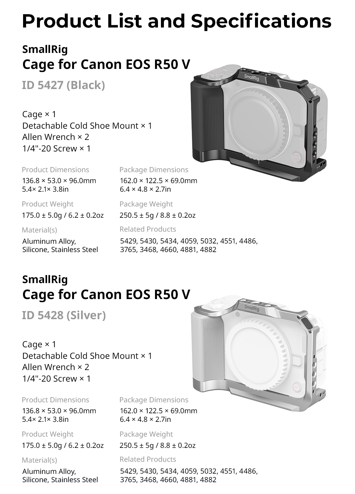 SmallRig Cage for Canon EOS R50 V (Black) #5427,(Silver) #5428, L ...