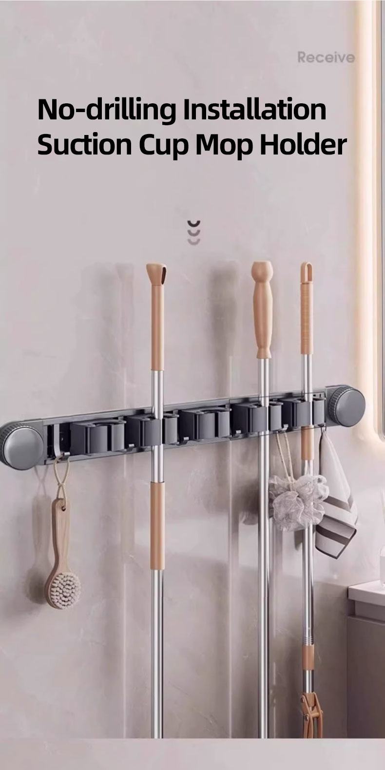 Gryno Suction Cup Mop Holder Hook Cilp Wall Mounted No Drill Reusable ...