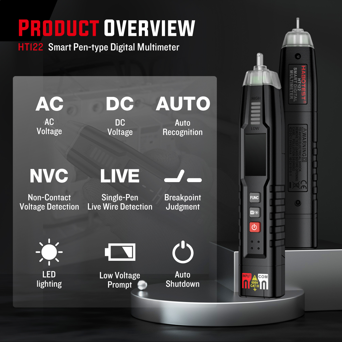 HABOTEST HT122 Pen Type Smart Multimeter 600V AC/DC 4000 Counts NCV ...