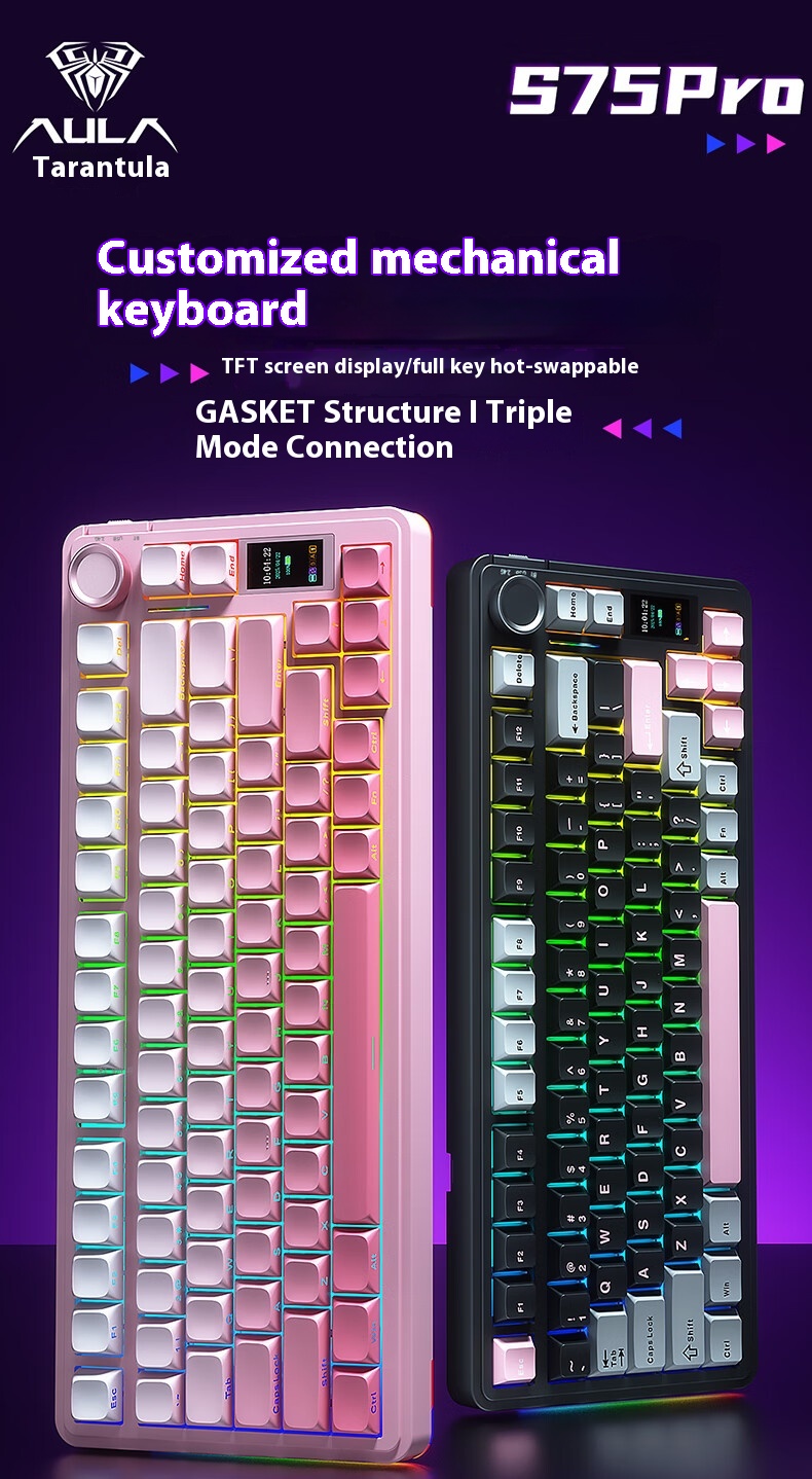 AULA S75 Pro Wireless Mechanical Keyboard 75% Hot swappable RGB GASKET ...