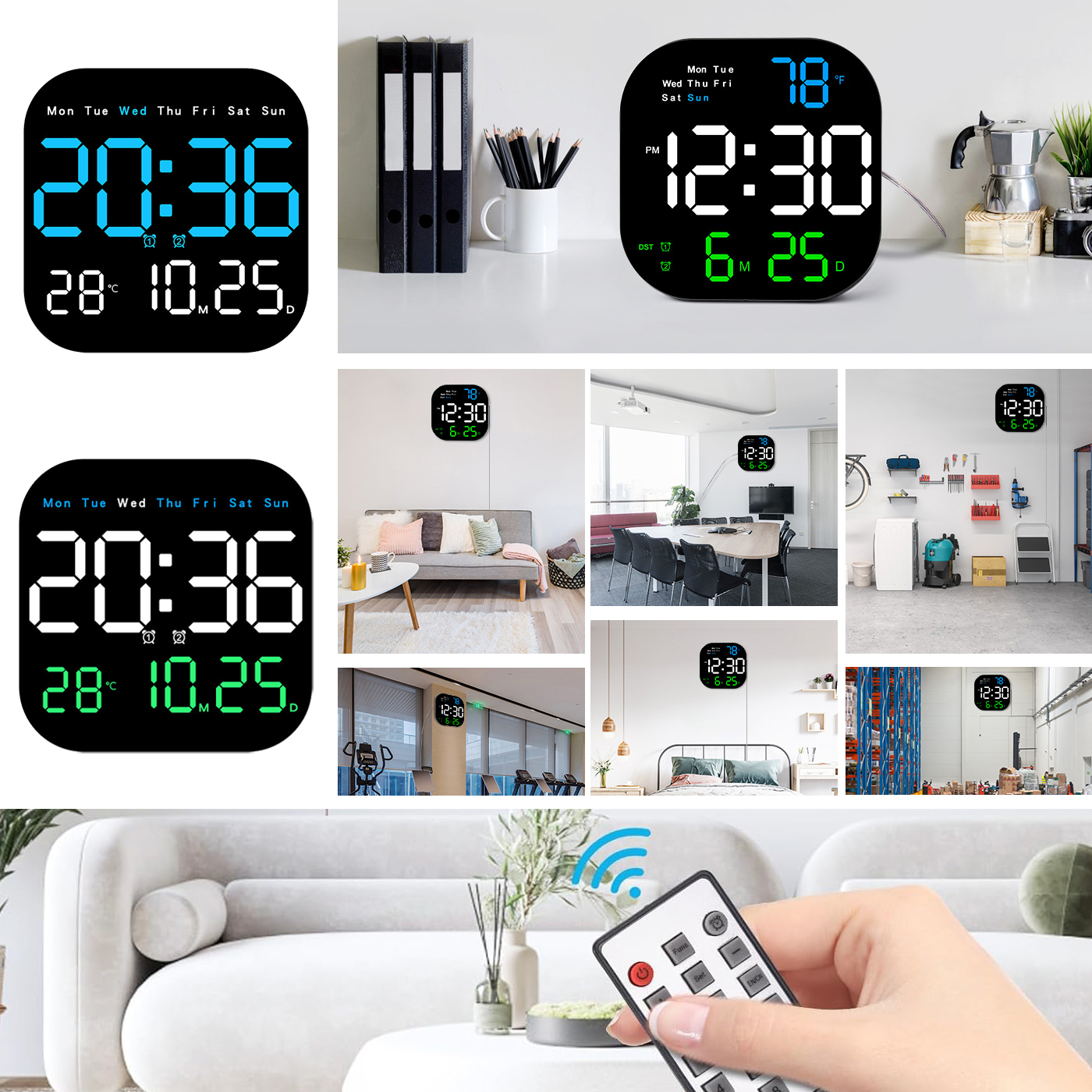 Digital Clock Wall Decor Remote Control Alarm Clock Led Kitchen Office ...