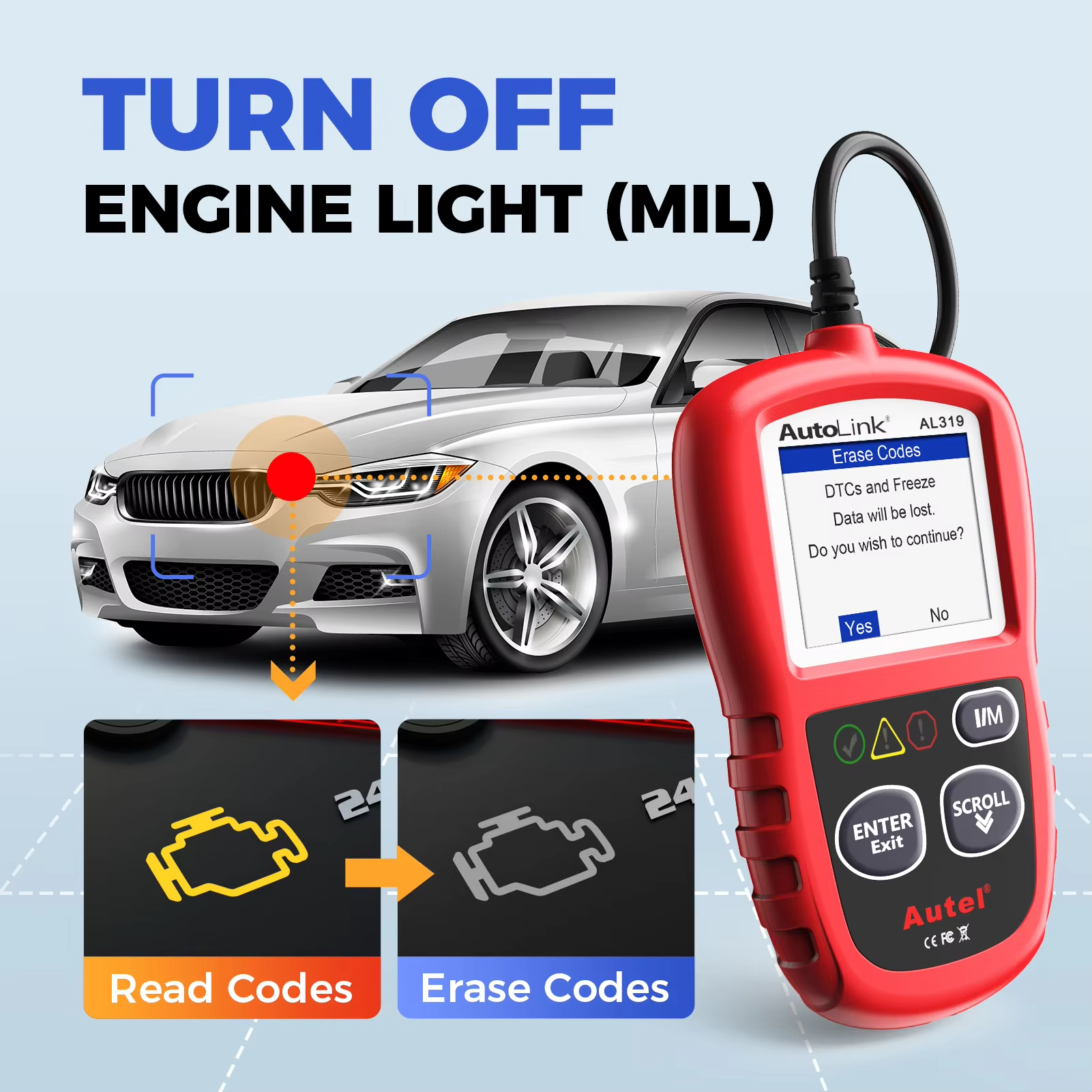 Autel AL319 Code Reader OBD2 Diagnostic Scan Tool One-click I/M ...