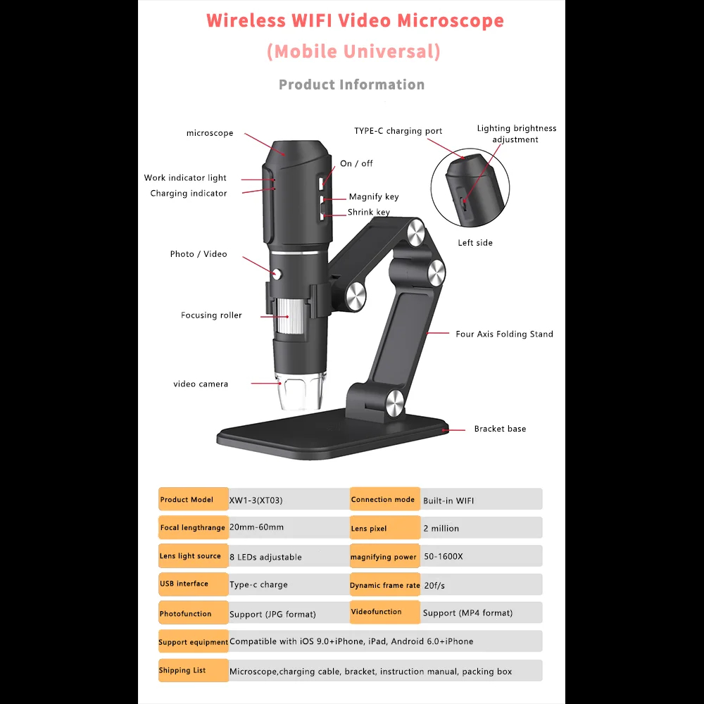 WiFi Digital Microscope 50x-1600x HD Magnifier with 8 LED Adjustable ...