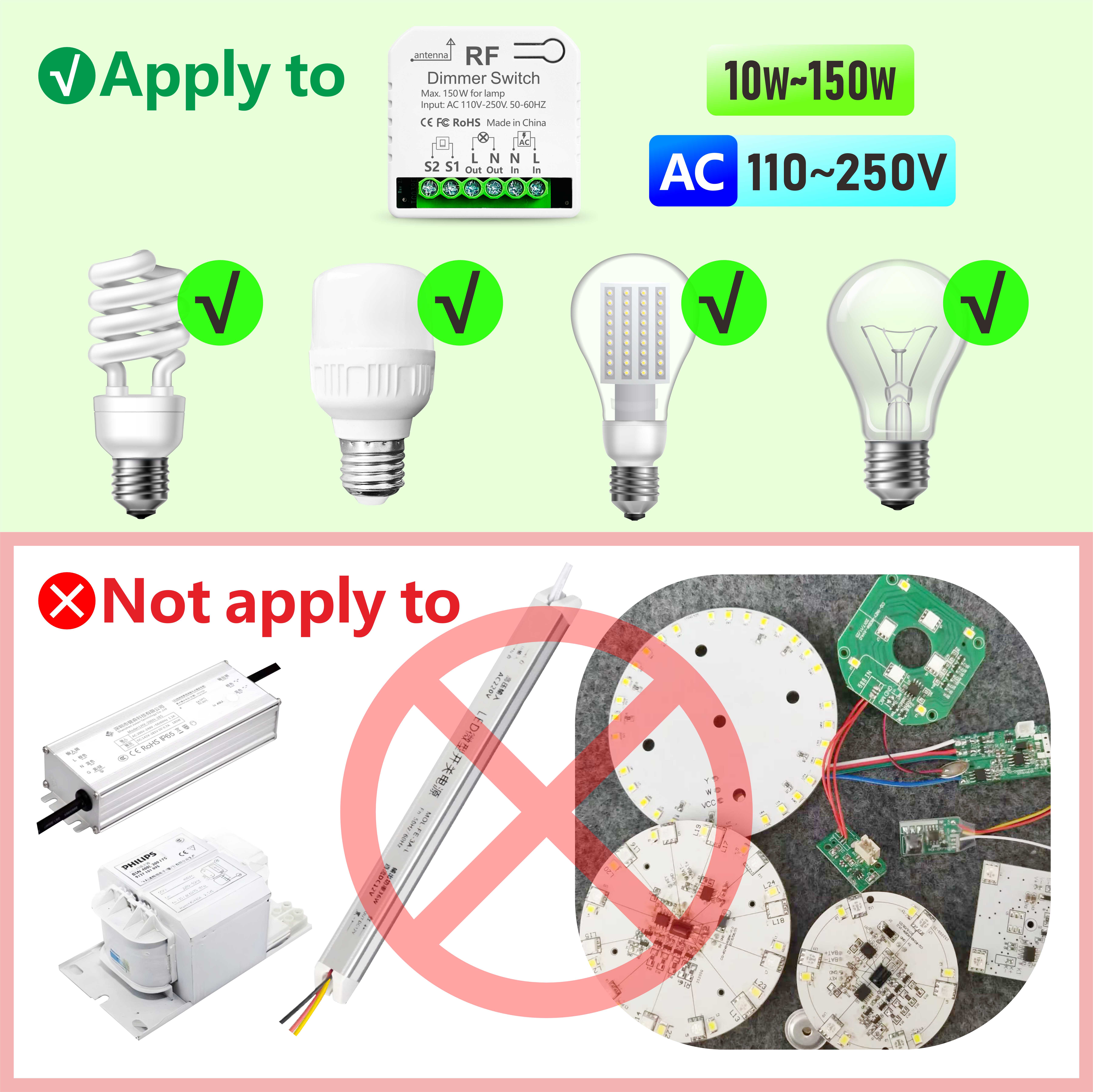 RF 433MHz wireless remote control dimmer switch, AC110V 220V dimming ...