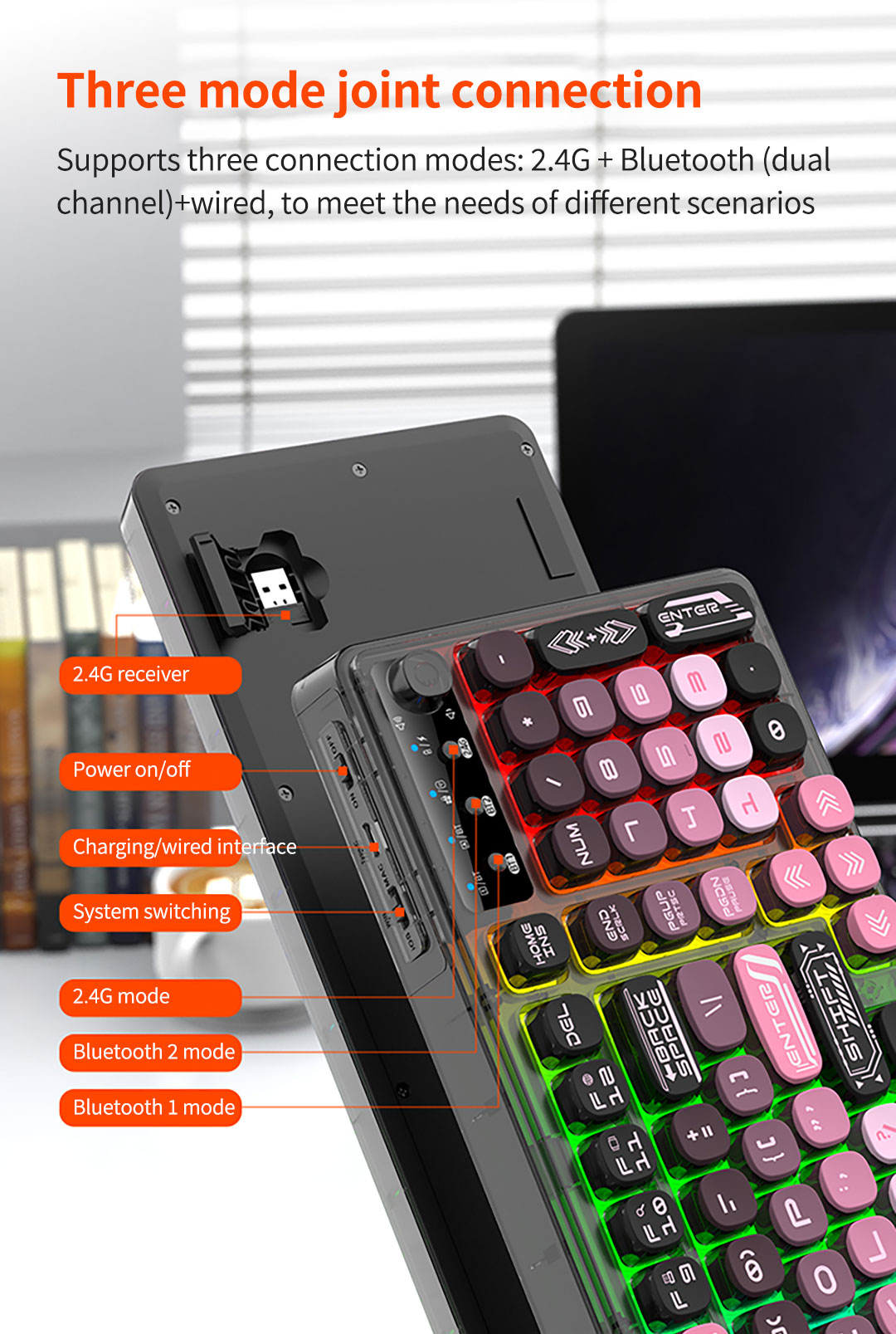 XUNFOX K98 RGB Mechanical Keyboard, 2.4G/Bluetooth/Wired, Type-C Fast ...