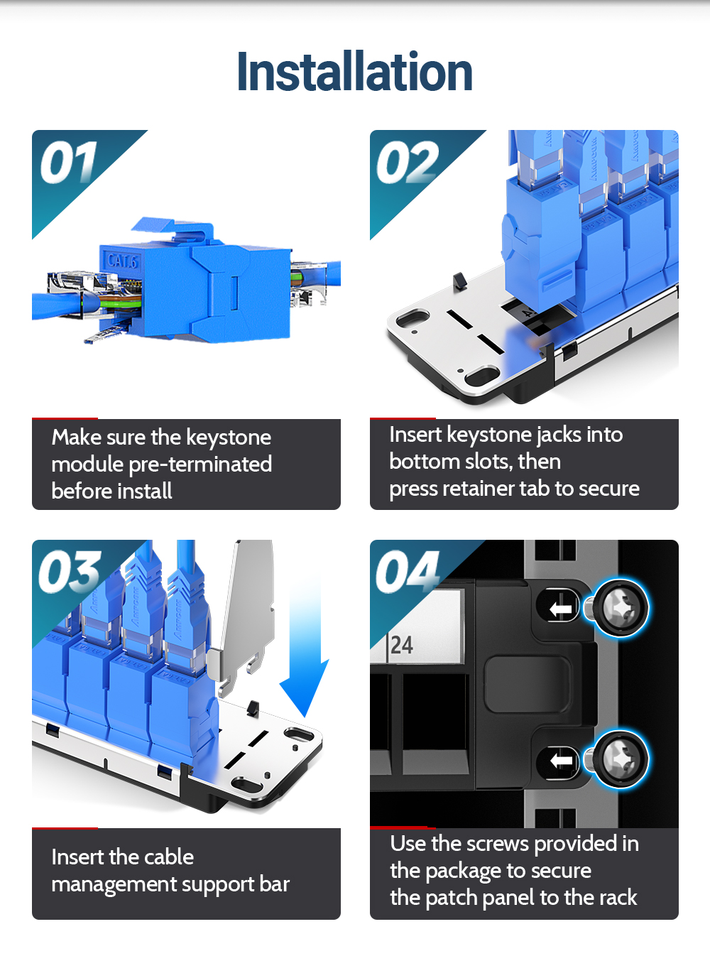 AMPCOM 1U 24-Port Keystone Patch Panel,Rack-Mounted with Rear Cable ...