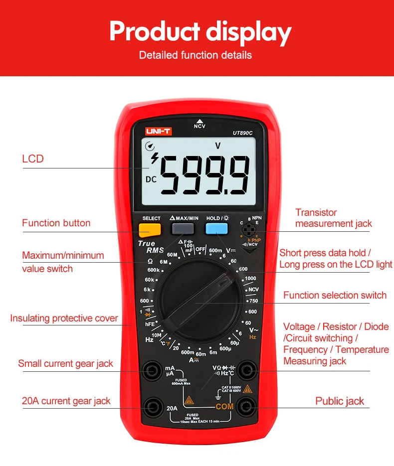 UNIT-UT890C UT890D+ Digital Multimeter Voltmeter Ohmmeter AC/DC 6000 ...