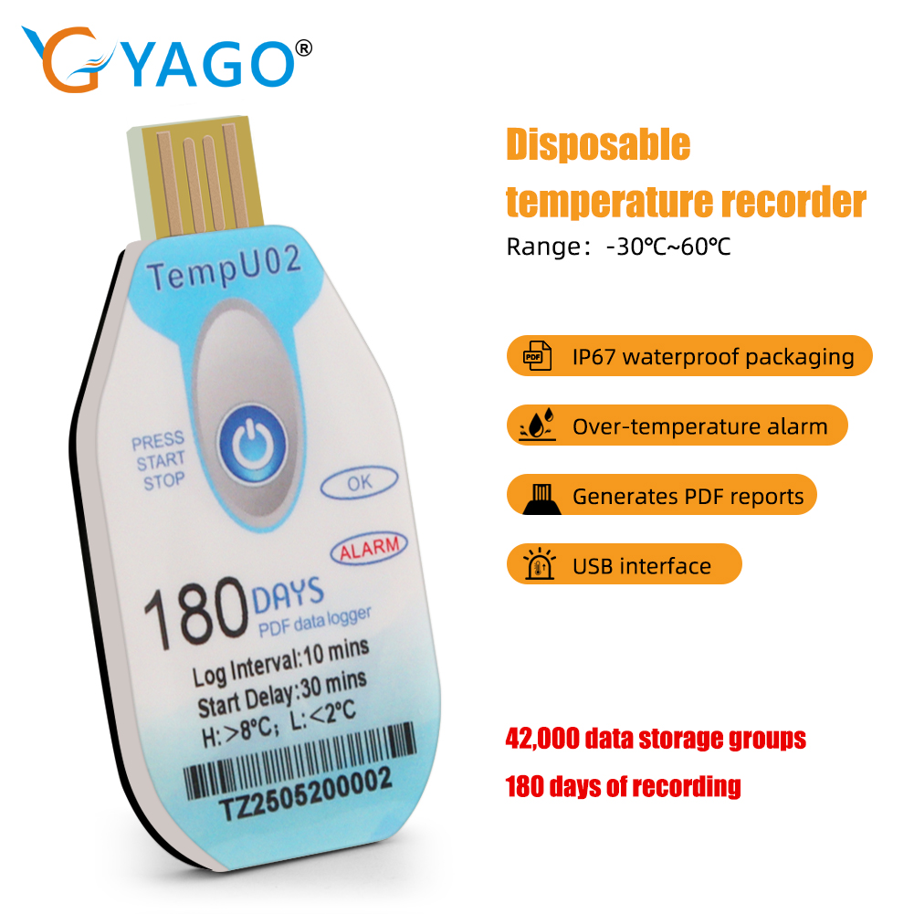 YAGO TempU02 Disposable Temp Logger 120 Days 180 Days PDF Data Recorder ...