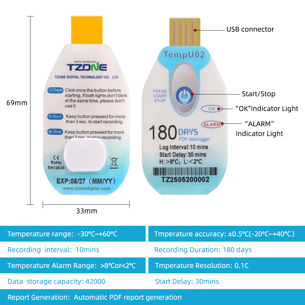 YAGO TempU02 Disposable Temp Logger 120 Days 180 Days PDF Data Recorder ...