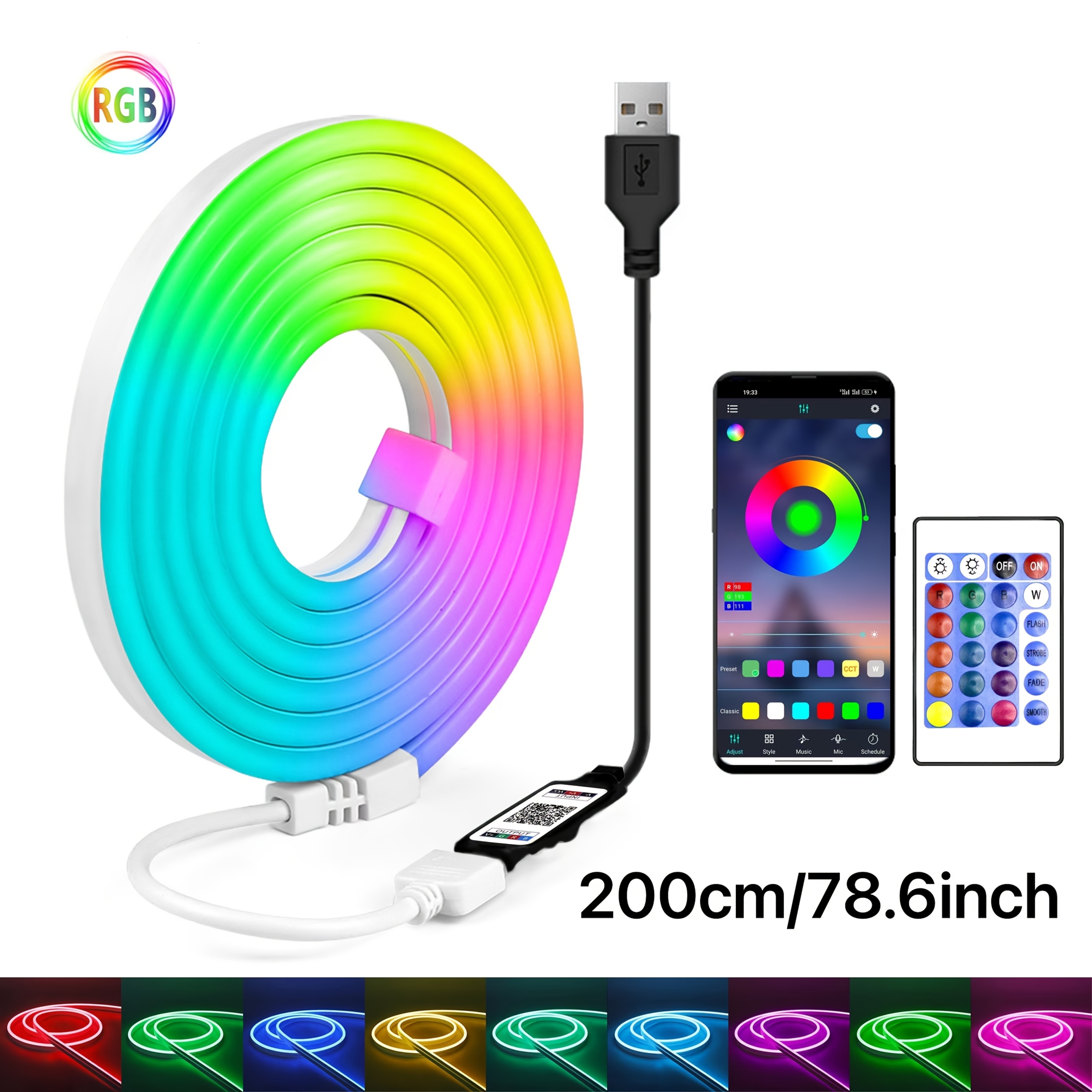 1-5m RGB LED Neon Strip USB Waterproof Flexible Lights Bluetooth App ...