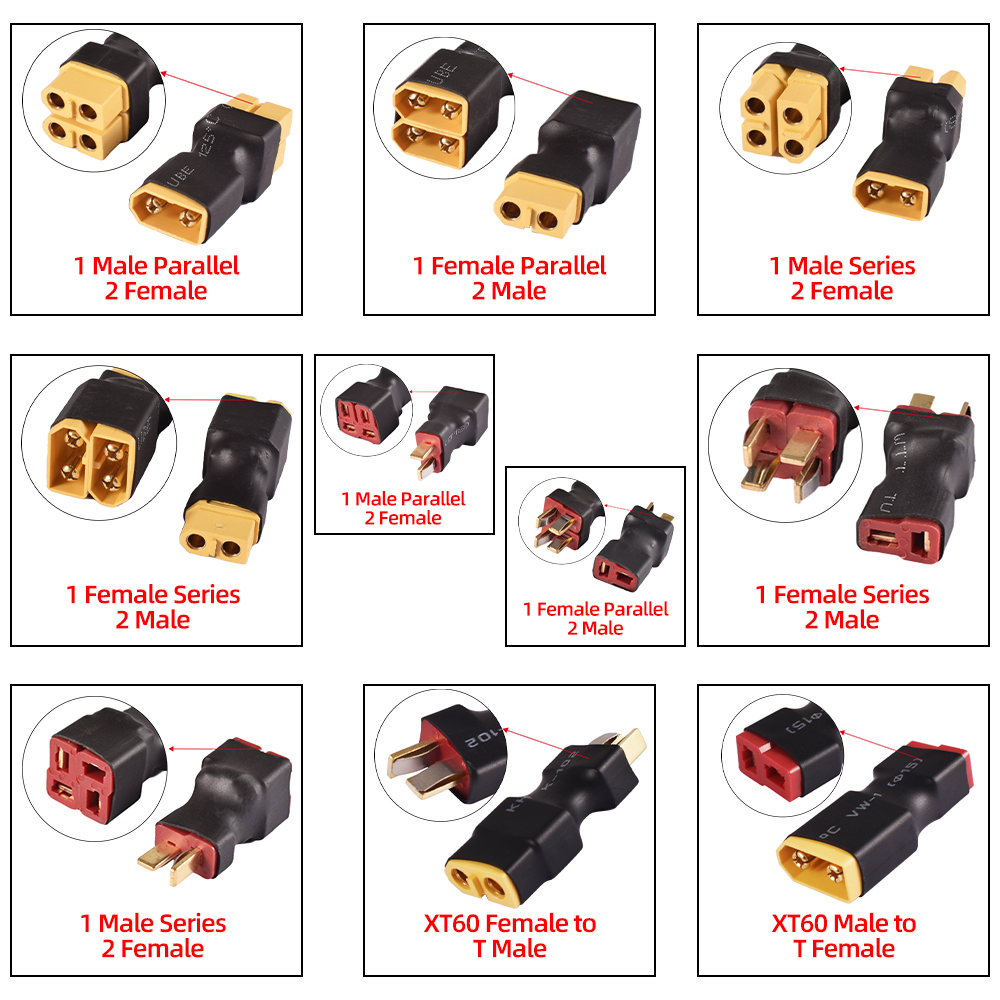 XT60/T Plug Parallel/Series Adapter Connectors 2 M to 1 F/1 M to 2 F ...