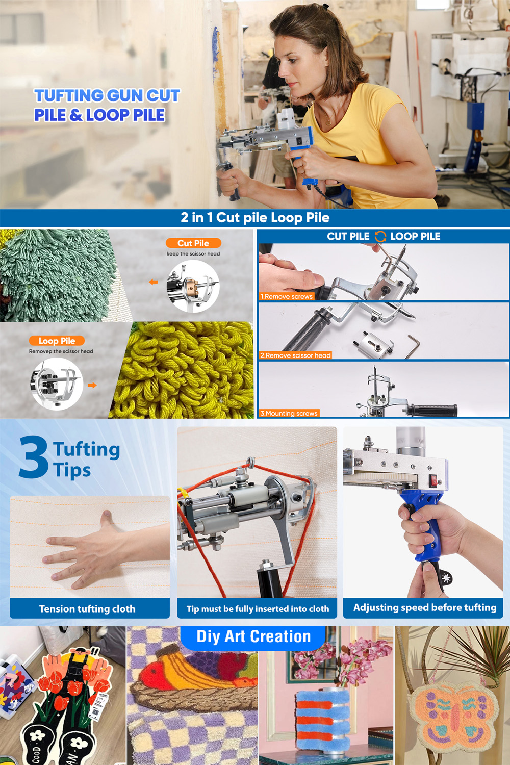 TUFTING GUN 2 IN 1 70w DIY Carpet Cut Pile And Loop Pile Electric ...