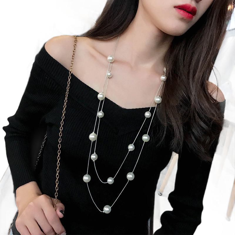Double Layer Pearl Necklace Snake Chain Korean Style Jewelry for Women ...