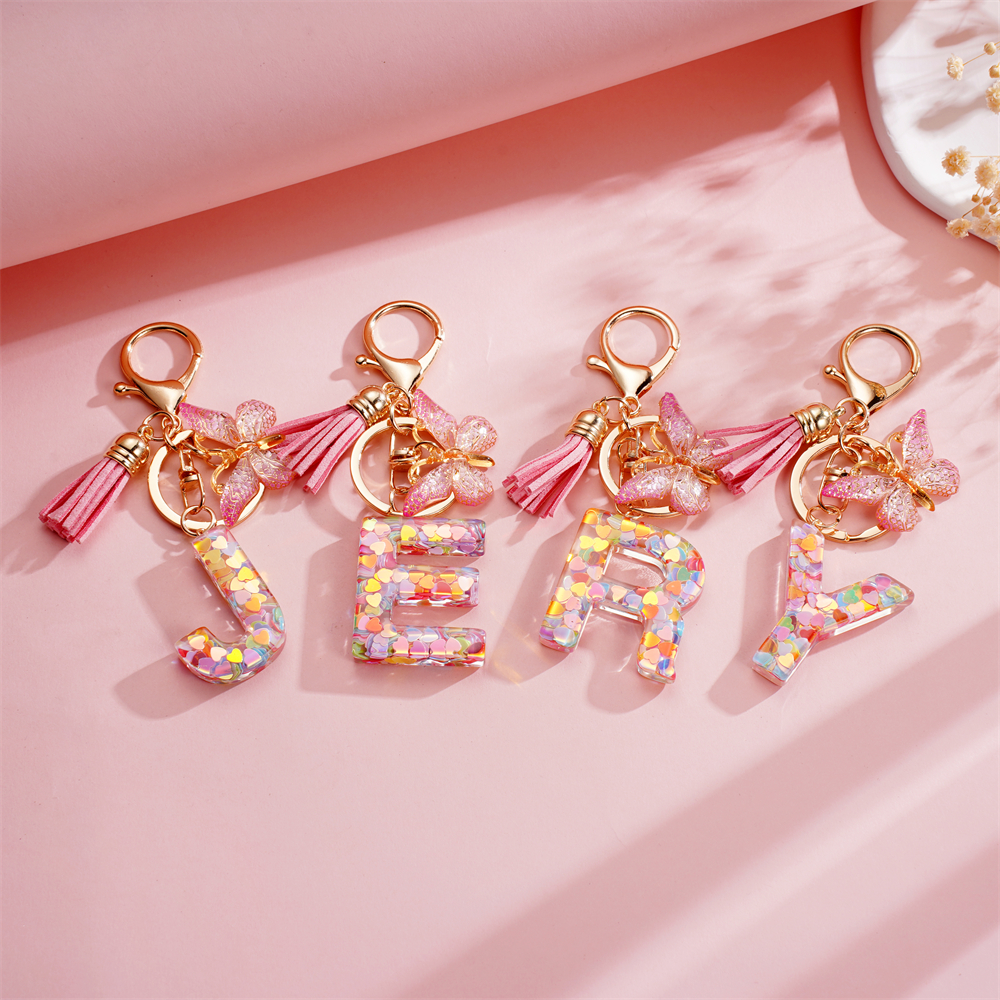 Fashion Pink Letter Keychain - Heart Sequin Butterfly Tassel Keychain ...