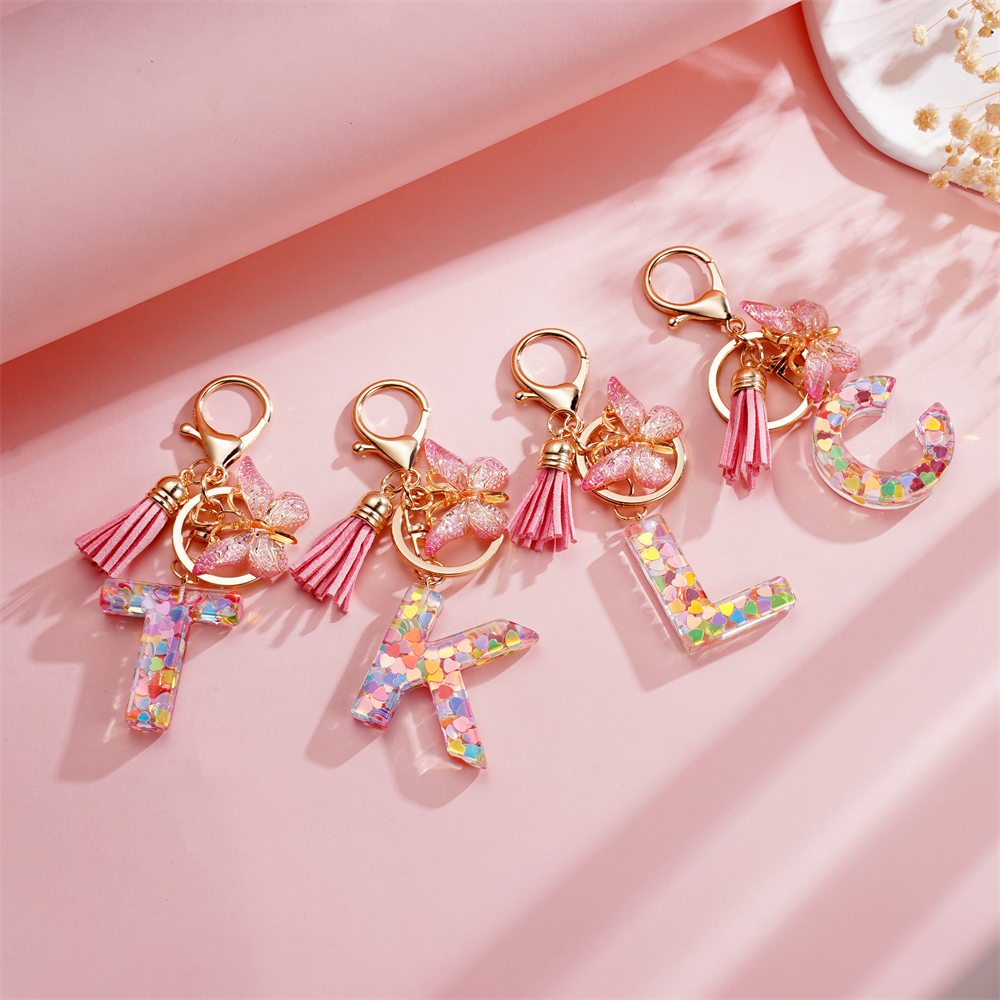 Fashion Pink Letter Keychain - Heart Sequin Butterfly Tassel Keychain ...