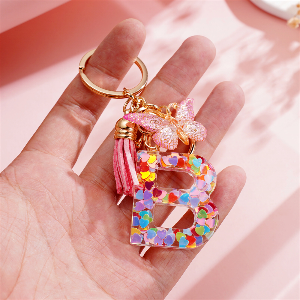 Fashion Pink Letter Keychain - Heart Sequin Butterfly Tassel Keychain ...