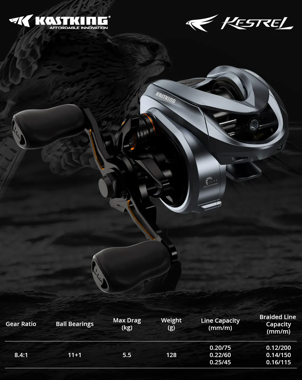 Moulinet Casting KastKing Kestrel Elite BFS - 11+1 Roulements, Ratio 8.4:1, 126g, Pour Pêche Finesse