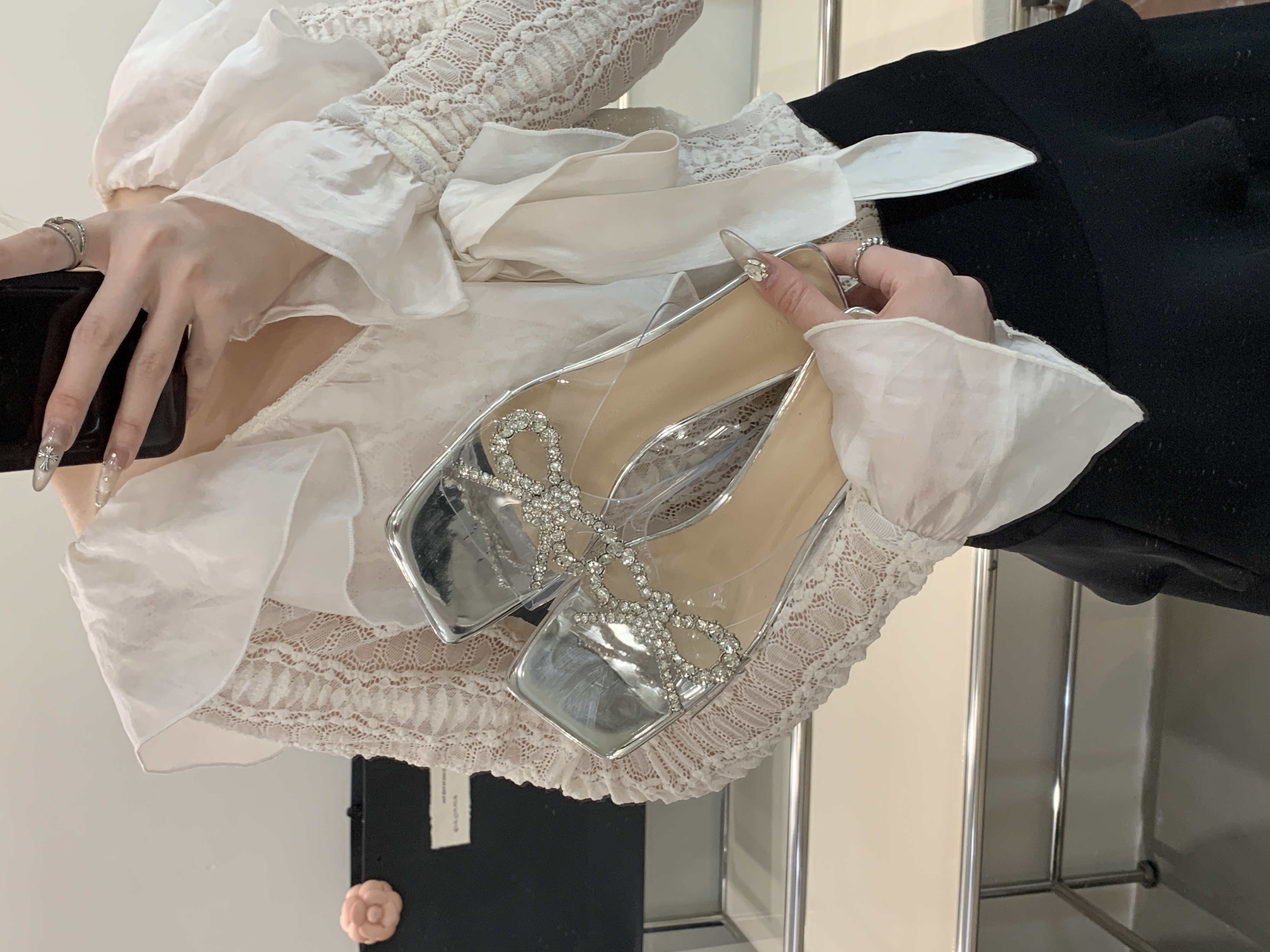 French Style Rhinestones Ribbon 3 cm Square Toe Crystal Heels (Size 35 ...
