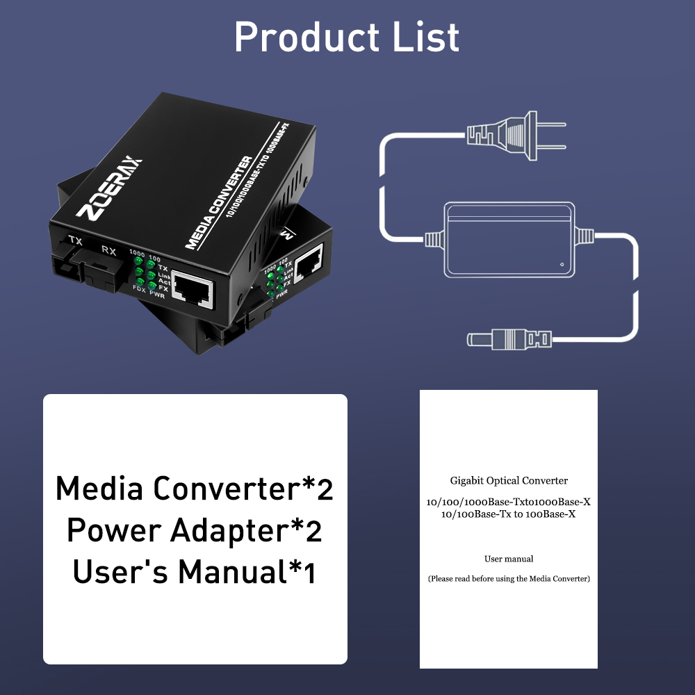 ZOERAX Gigabit Fiber Media Converter RJ45 to SC 1000Mbps 5KM A+B Pair ...