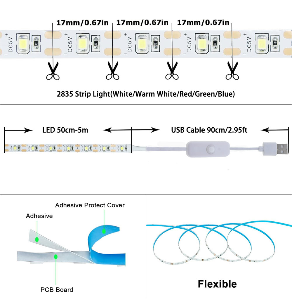 50cm-5m USB 2835 LED Strip Light Flexibele Light Tape Led Strip Lights ...