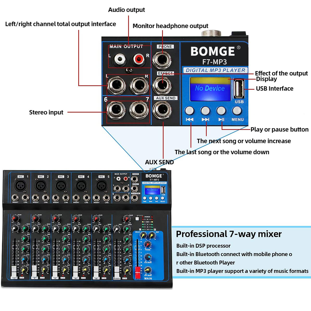 BOMGE F7 Bluetooth Portable Audio Mixer w/USB DJ Sound Mixing Console ...