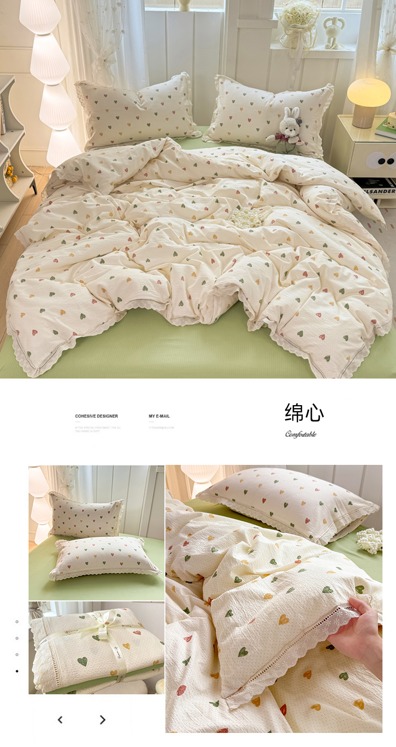 4 IN 1 Cotton Linen Bedding Set With Bowknot Bandage Retro Style Floral ...