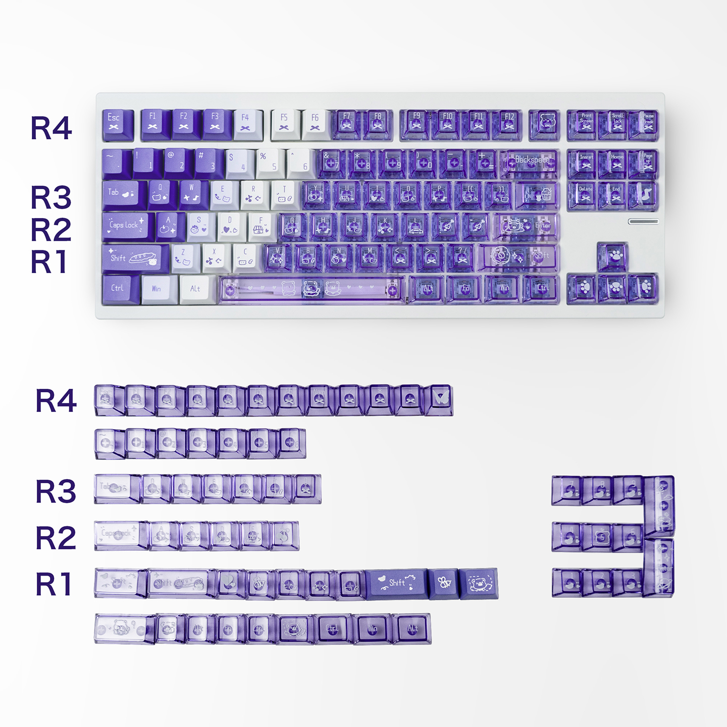 Gradient purple Keycap RGB Transparent cute style PC+PBT keycap set for ...