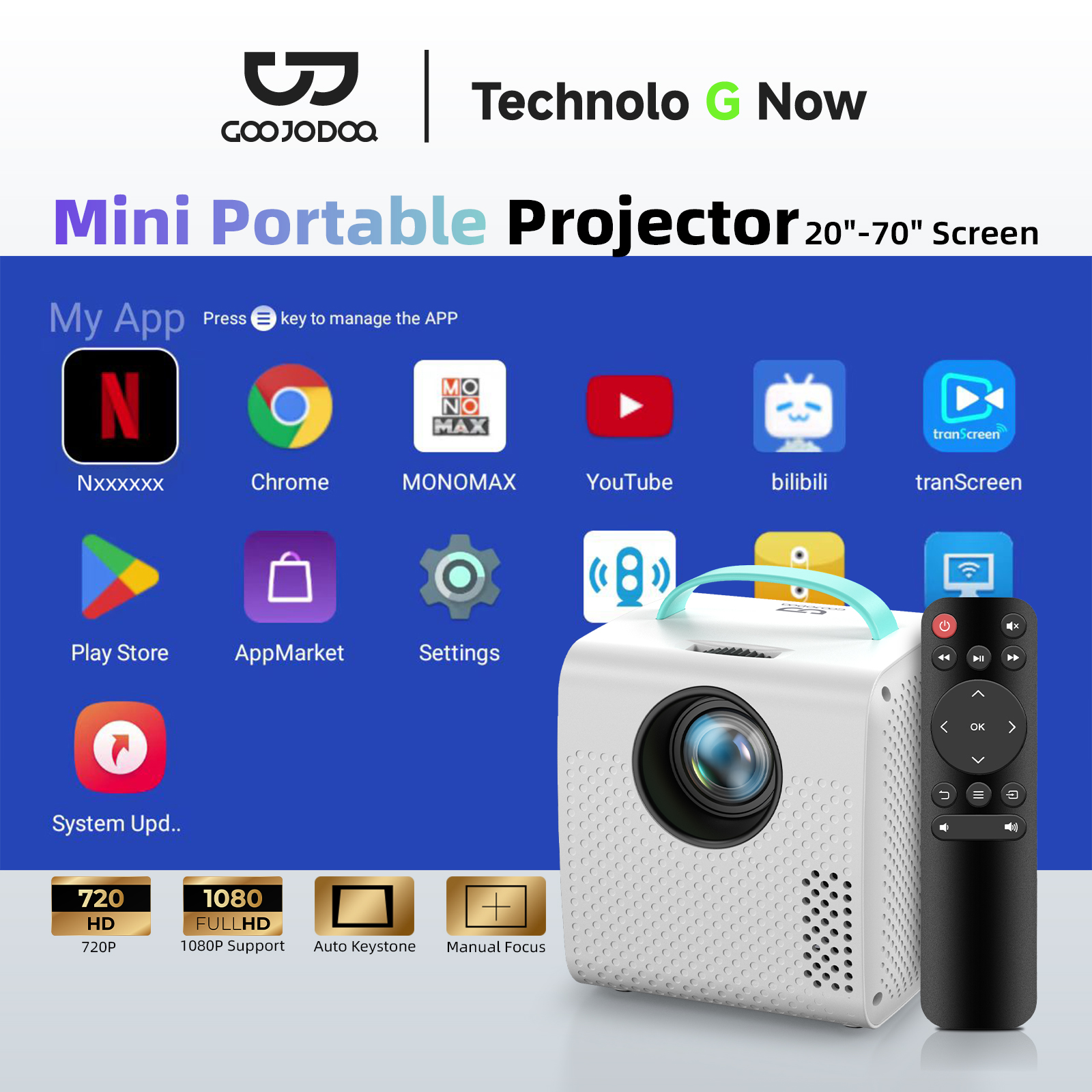 GOOJODOQ Portable Mini Projector With Bluetooth HD 720P Speaker HDMI ...