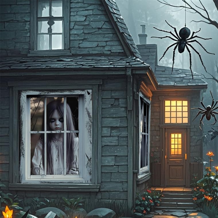 Female Ghost Window Decor Set - Horror Doll Curtains with Skull Posters ...