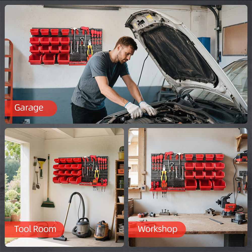 Garage Wall Mounted Tool Rack Pegboard 39pcs Set With Storage Bins And ...