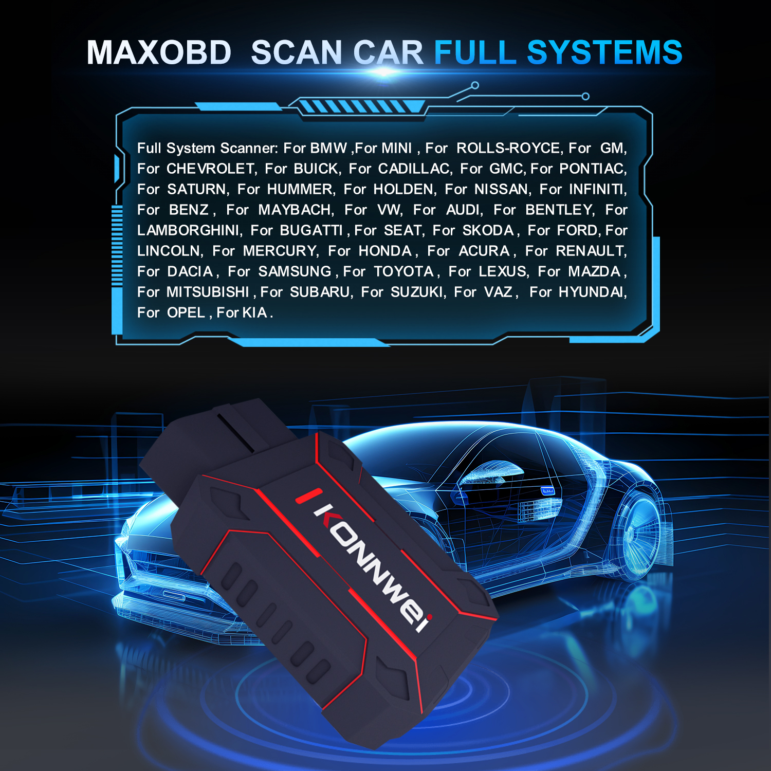 Scanner Auto OBD2 KONNWEI MAXOBD Bluetooth - Diagnostic Complet Moteur, ABS, Airbag, Batterie - Compatible IOS/Android, Mises à Jour Gratuites