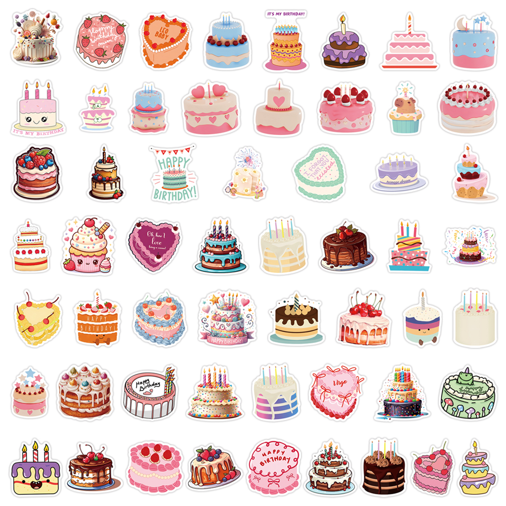 56pcs Cute Cartoon Cakes Stickers Happy Birthday Decal Kids Toy DIY ...